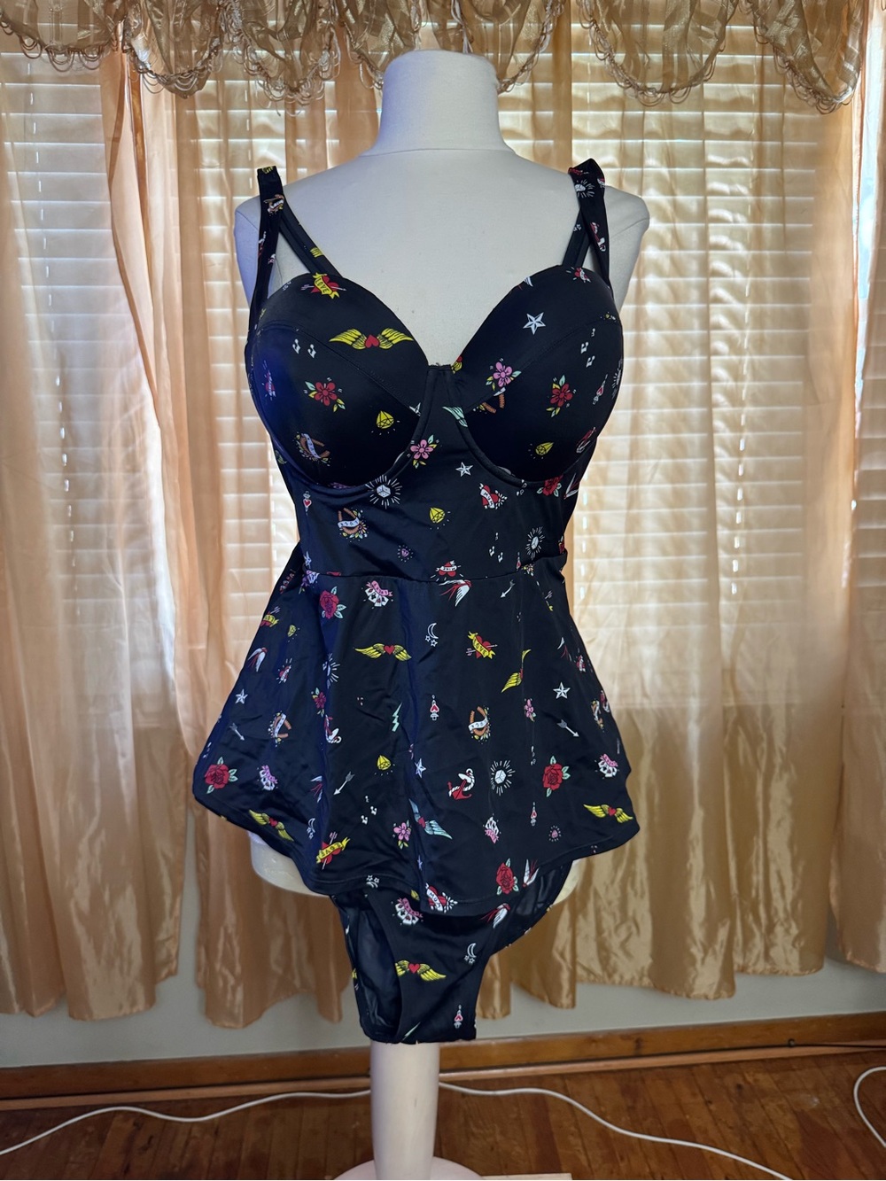 torrid Black One-Piece Swimsuit with Multicolor Print
